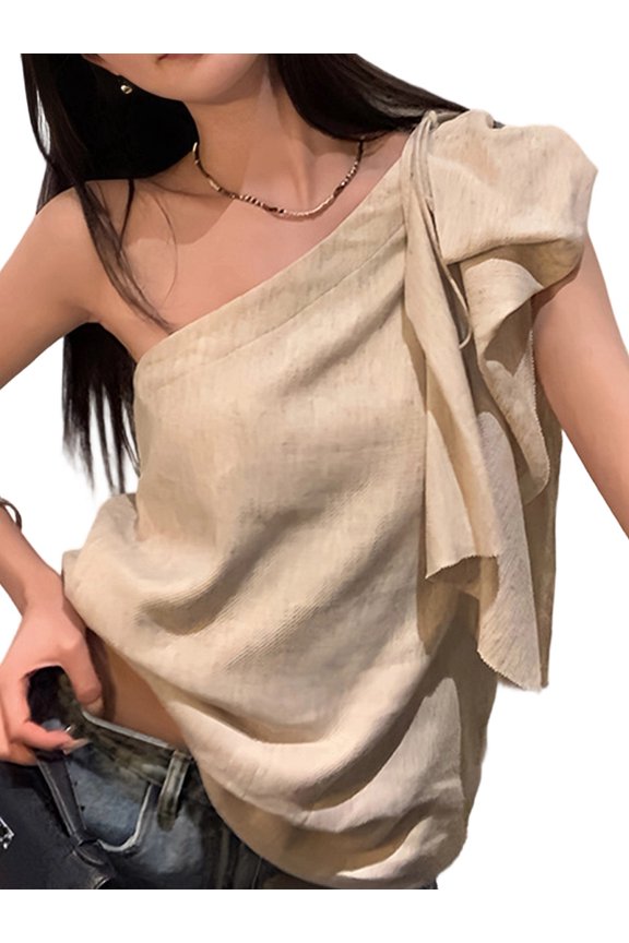 Women One Shoulder Tops Solid Shirts Loose Tank Top Oat Rice M