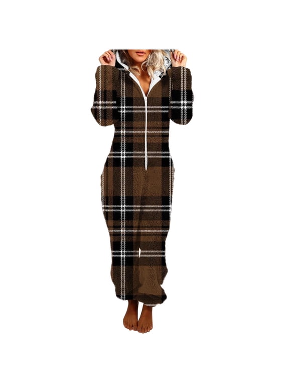 Women Onesie Pajama Sets Hooded Zipper Graphic Printed Plush Jumpsuit Soft Winter Warm Rompe Sleepwear Pjs Set (L, Brown)