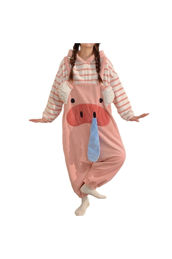 Women Onesie Pajamas One Piece Fuzzy Warm Sherpa Halloween Costume Christmas Piglet Sleepwear Jumpsuit