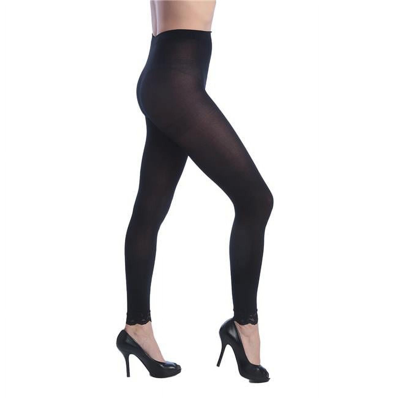 Women Opaque Control Top Footless Lace Tights, Black - One Size