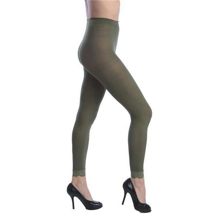 Women Opaque Control Top Footless Lace Tights, Olive One Size