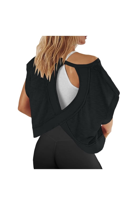 Women Open Back T Shirt Workout Tees Yoga Athletic Gym Slouchy Crop Running Short Sleeve Breathable Relaxed Tops L