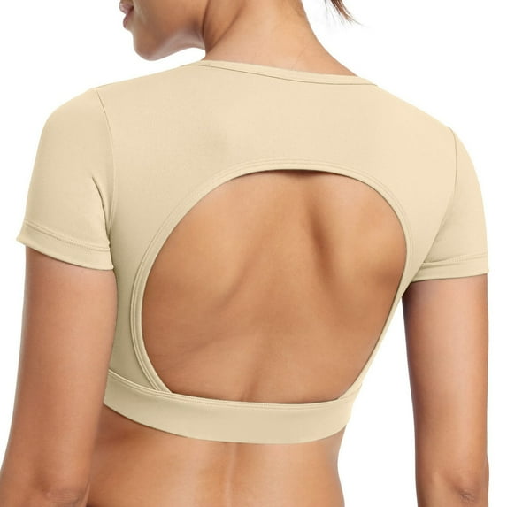 Women Open Back Tee Crop Tops with Removable Pad Workout Backless Gym Shirt Bra Backless Out T Shirt Top,S-XL