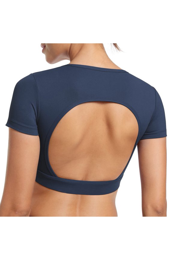 Women Open Back Tee Crop Tops with Removable Pad Workout Backless Gym Shirt Bra Backless Out T Shirt Top,S-XL