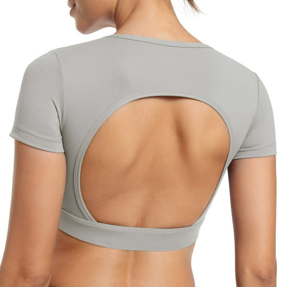 Women Open Back Tee Crop Tops with Removable Pad Workout Backless Gym Shirt Bra Backless Out T Shirt Top,S-XL