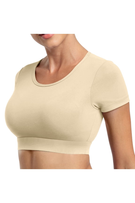 Women Open Back Tee Crop Tops with Removable Pad Workout Backless Gym Shirt Bra Going Out T Shirt Top