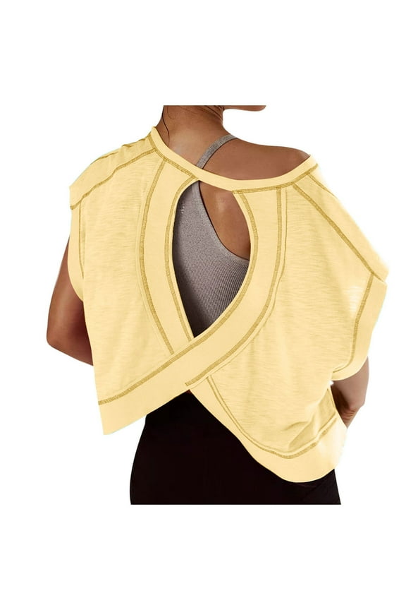 Women Open Back Tops Workout Backless Tee Casual Athletic Shirts Short Sleeve Oversized Gym T Shirt
