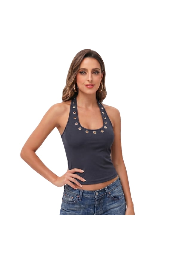 Women Open Back V Neck Grommet Y2k Top Studded Halter Top Sexy Going Out Tops L