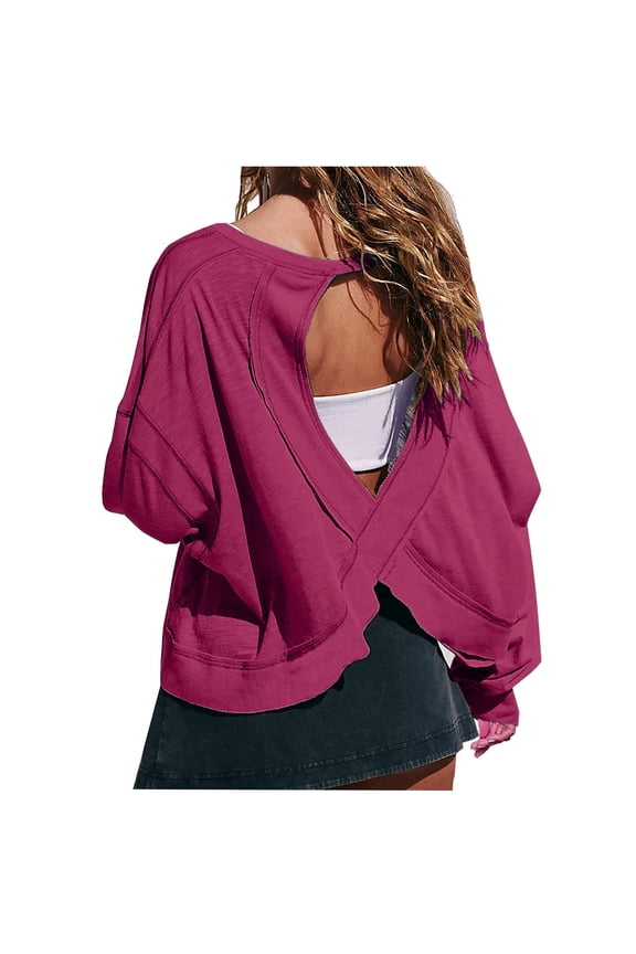 Women Open Back Workout Shirt Long Sleeve See Through Round Neck Backless Athletic Tee Tops with Thumb Hole