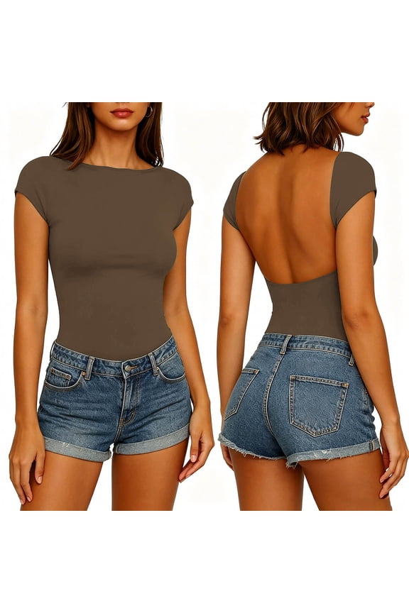 Women Open Back Yoga T-Shirt Slim Fitted Cap Sleeve Sports Tee Soft Stretchy Casual Daily Wear Coffee L