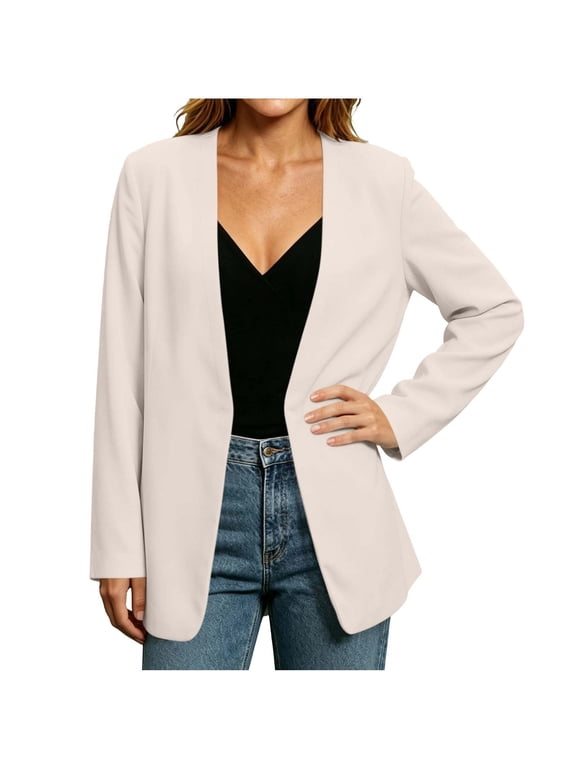 Women Open Front Blazer Jacket Long Sleeve Solid Color Casual Simple Suit Coat, Lightweight Cardigan Outerwear Tops for Spring Autumn Daily Wear S-3XL Beige