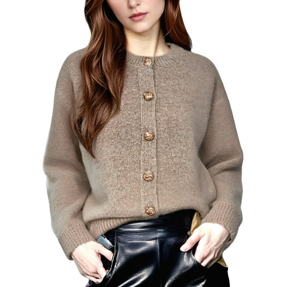 Women Open Front Cardigan Sweaters Long Sleeve Button Down Jacket Fall Clothes Winter Coats Khaki M