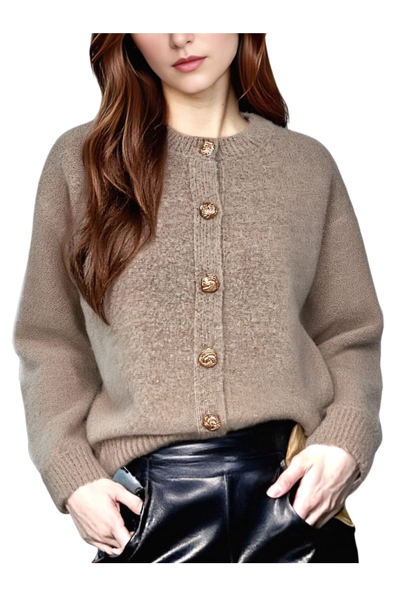 Women Open Front Cardigan Sweaters Long Sleeve Button Down Jacket Fall Clothes Winter Coats Khaki M