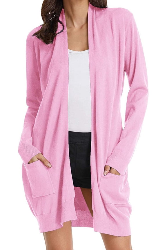 Women Open Front Cardigan Sweaters Pockets Long Sleeve Shrugs,Blush Pink,Large,