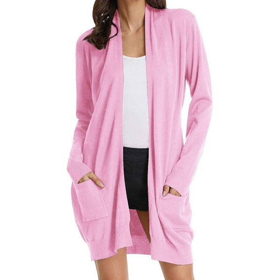 Women Open Front Cardigan Sweaters Pockets Long Sleeve Shrugs,Blush Pink,Large,