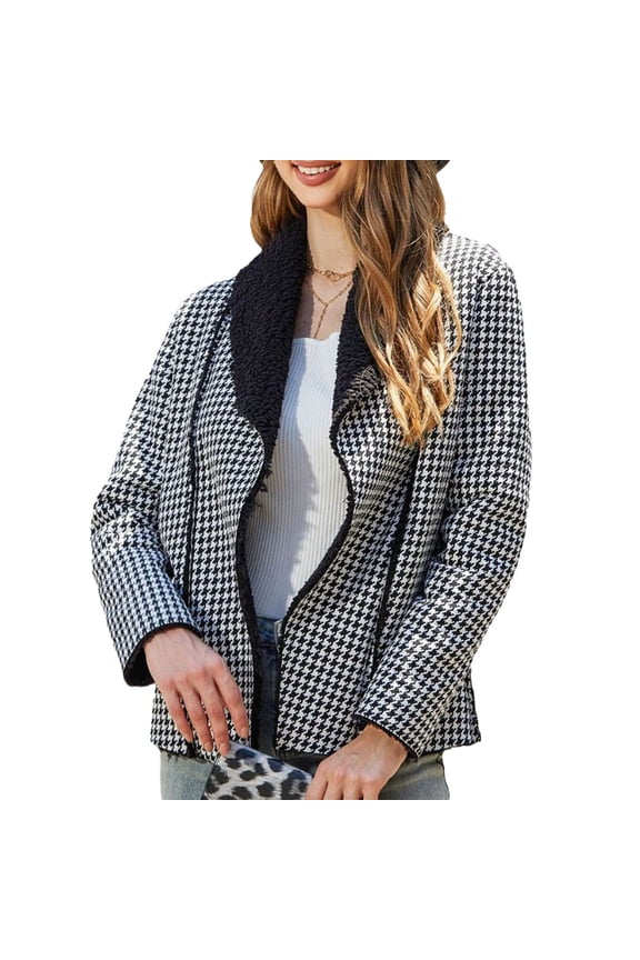 Women Open Front Coat Houndstooth Plush Jacket Turndown Collar Long Sleeve Outerwear for Daily Wear