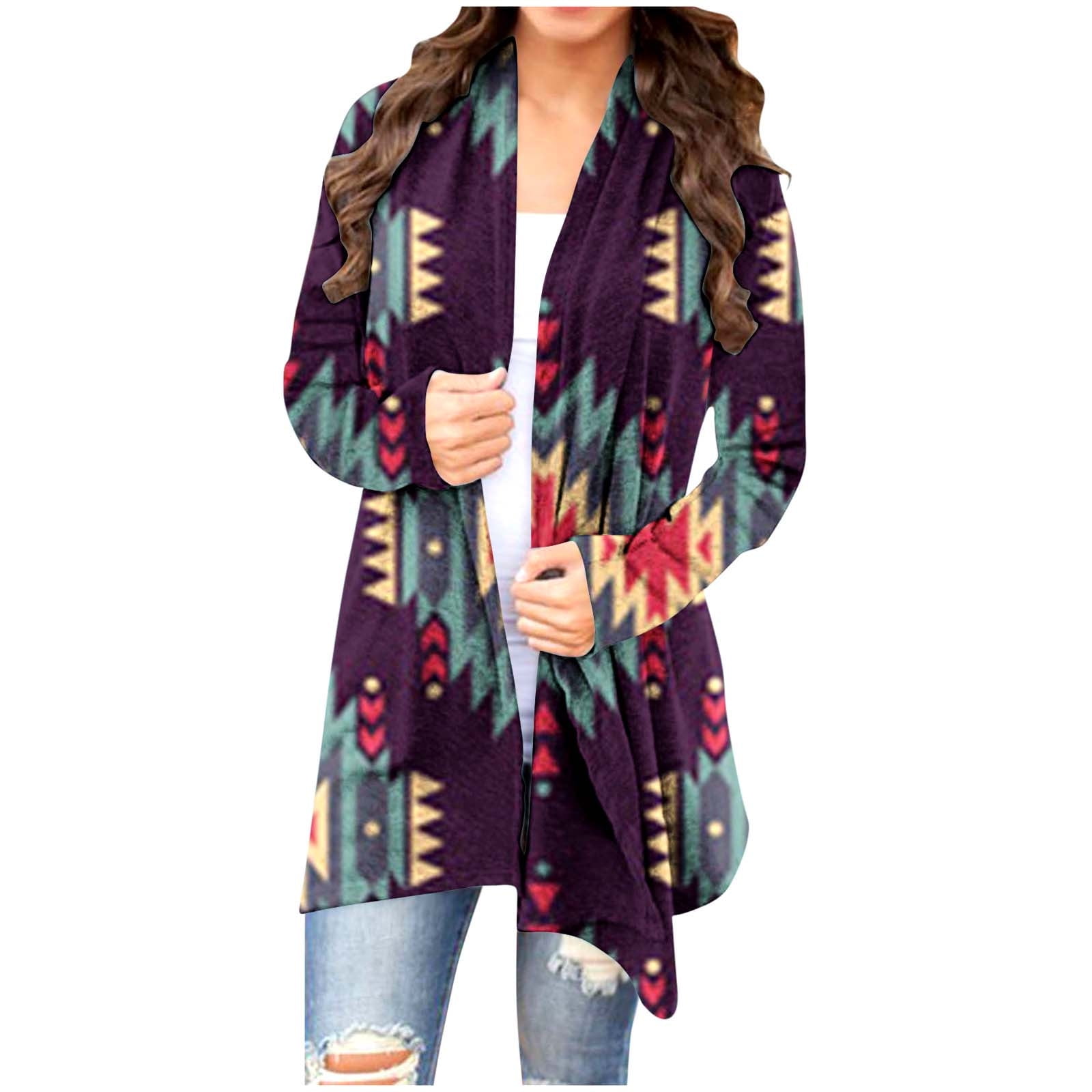 Women Open Front Ethnic Style Aztec Cardigan Tribal Aztec Printed Long ...