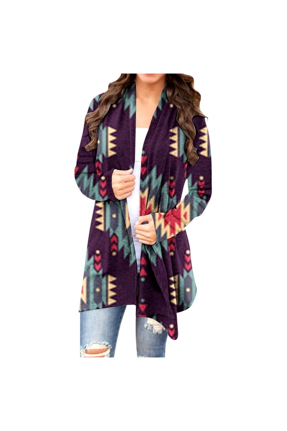 Women Open Front Ethnic Style Aztec Cardigan Tribal Aztec Printed Long Sleeve Casual Loose Coat