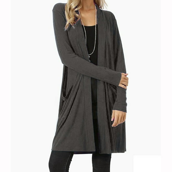 Women Open Front Fly Away Cardigan Sweater Long Sleeve Plus Pockets Loose Drape