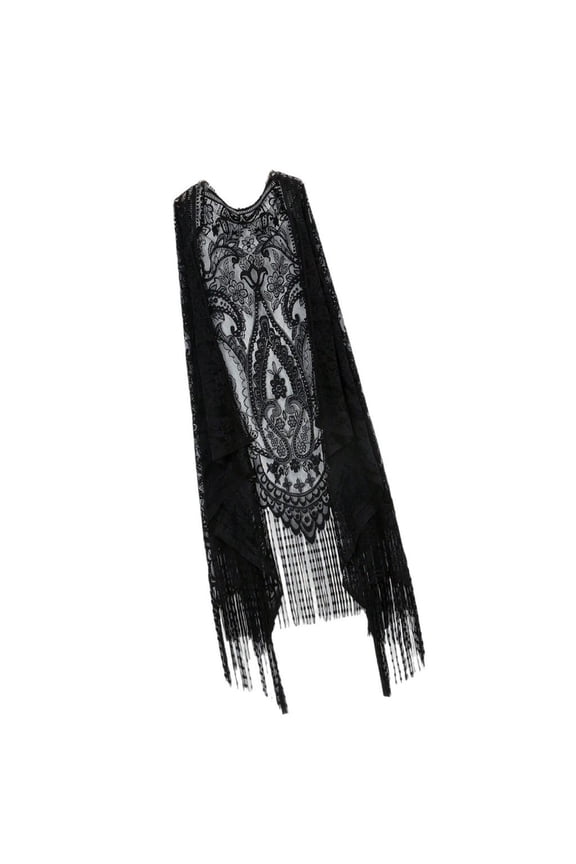 Women Open Front Fringe Vest Hollowed Lace Cardigan Coverup Sleeveless Tassels Cardigan Top For Beach Parties and Pool