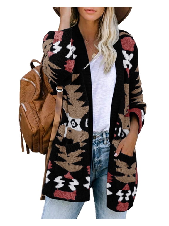 Women Open Front Geometric Print Cardigan Long Sleeve Knit Outwear with Pockets