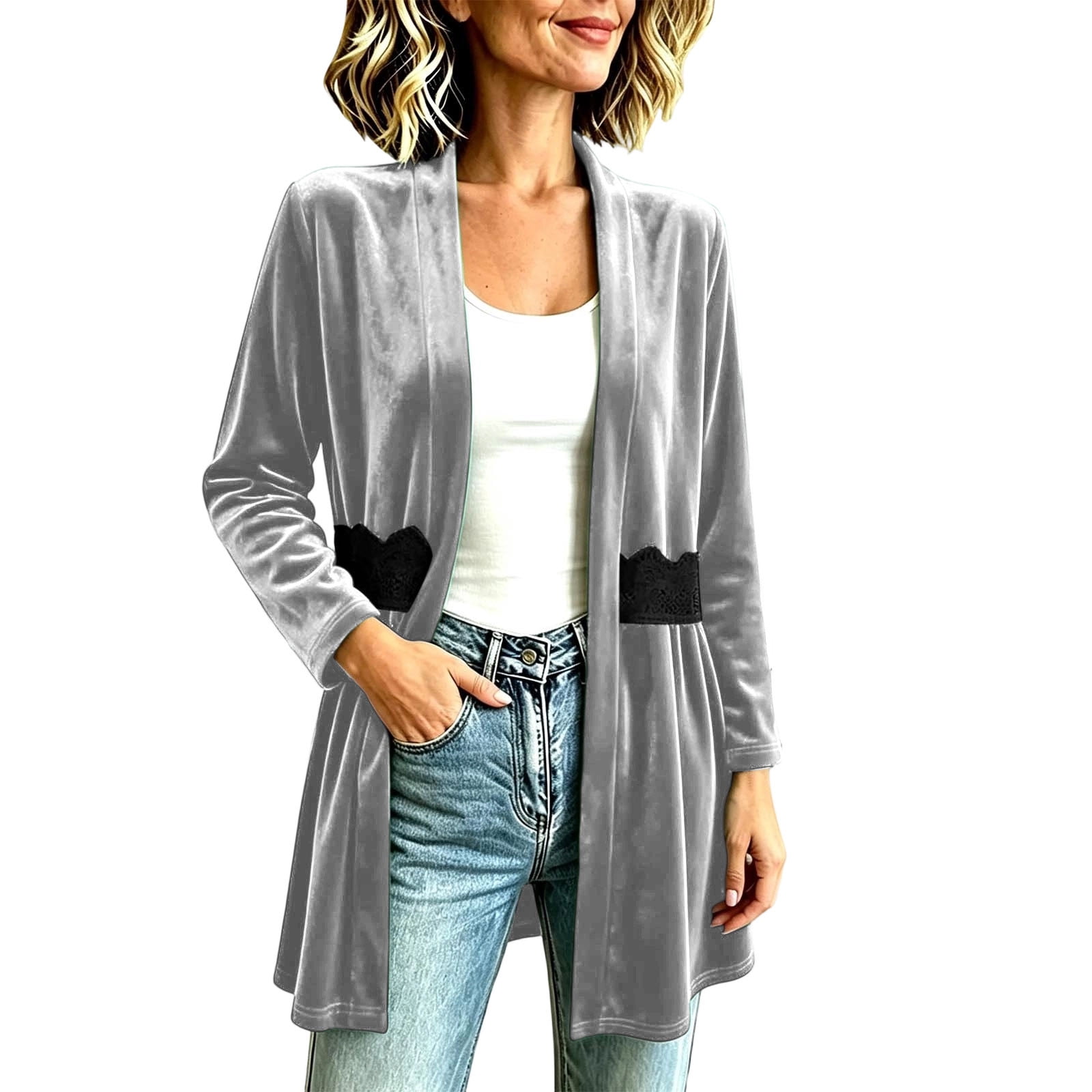 Women Open‑Front Gold Velvet Long Sleeve Cardigan Jacket, Solid Color ...