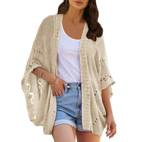 Women Open Front Kimono Batwing Sleeve Plain Casual Lightweight Crochet Cardigan Sweaters