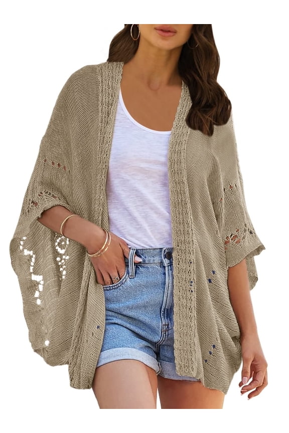 Women Open Front Kimono Batwing Sleeve Plain Casual Lightweight Crochet Cardigan Sweaters