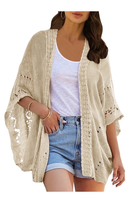 Women Open Front Kimono Batwing Sleeve Plain Casual Lightweight Crochet Cardigan Sweaters