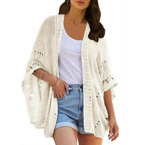 Women Open Front Kimono Batwing Sleeve Plain Casual Lightweight Crochet Cardigan Sweaters
