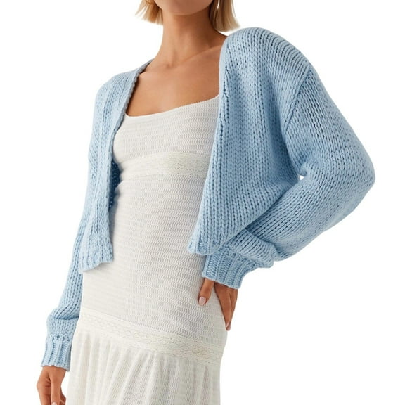 Women Open Front Knit Crop Cardigan Drop Shoulder Long Sleeve Solid Loose Fit Knitted Crop Cardigan Shrug Blue M