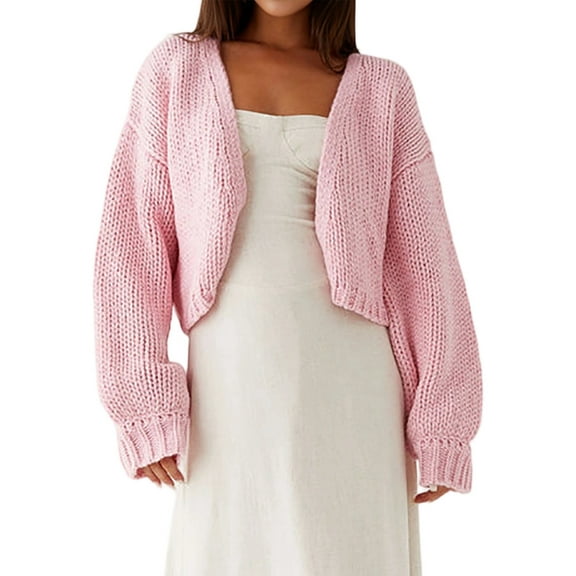 Women Open Front Knit Crop Cardigan Drop Shoulder Long Sleeve Solid Loose Fit Knitted Crop Cardigan Shrug Pink M