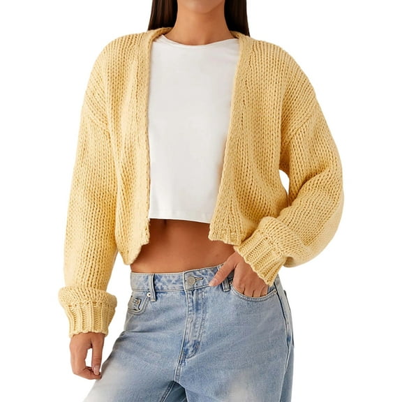 Women Open Front Knit Crop Cardigan Drop Shoulder Long Sleeve Solid Loose Fit Knitted Crop Cardigan Shrug Yellow M