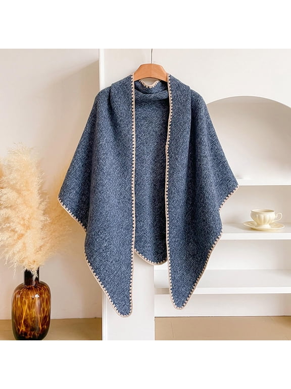 Women Open Front Knit Poncho Shawl, Contrast Stitch Trim Triangle Cape with Subtle Texture