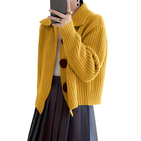 Women Open Front Knit Sweater Long Sleeve Cardigan Sweater Casual Loose Button Lapel Cardigan Coat Yellow 4XL