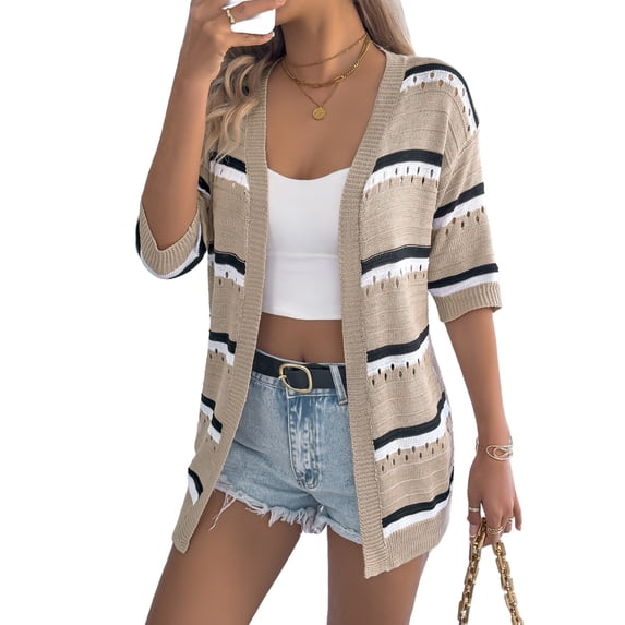 Women Open Front Knitted Crochet Cardigan Short Sleeve Sweater Casual Loose Comfy Light-Weight Kimonos Top Khaki M
