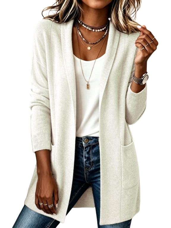Women Open Front Long Knit Cardigan Long Sleeve Casual Soft Knitted Duster Coat with Side Pockets for Fall Winter