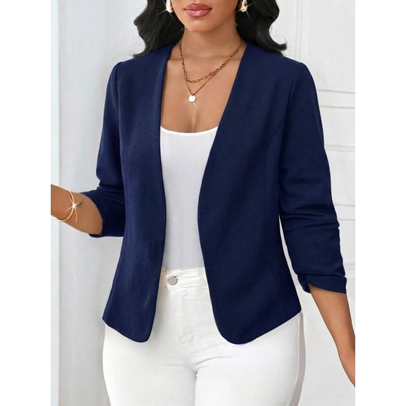 Women Open Front Long Sleeve Blazer Rolled Cuff Casual Office Elegant Jacket