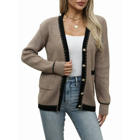 Women Open Front Long Sleeve Button Down Knit Jackets with Pockets Fall Winter Outfits Camel Color L
