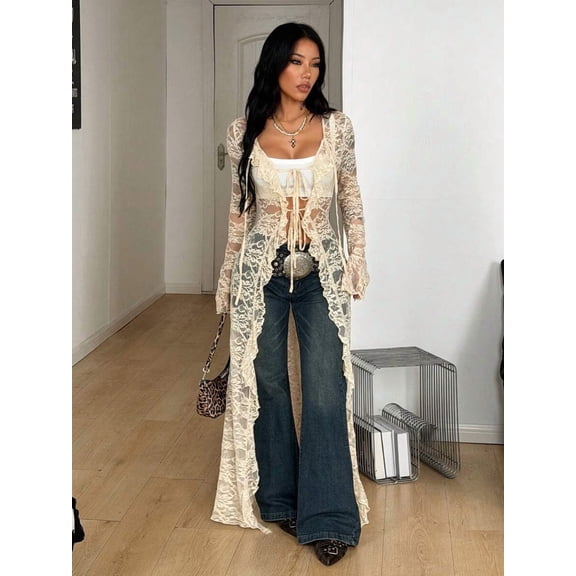 Women Open Front Long Sleeve Maxi Cover Up Ruffle Tie Front Beach Festival Outerwear