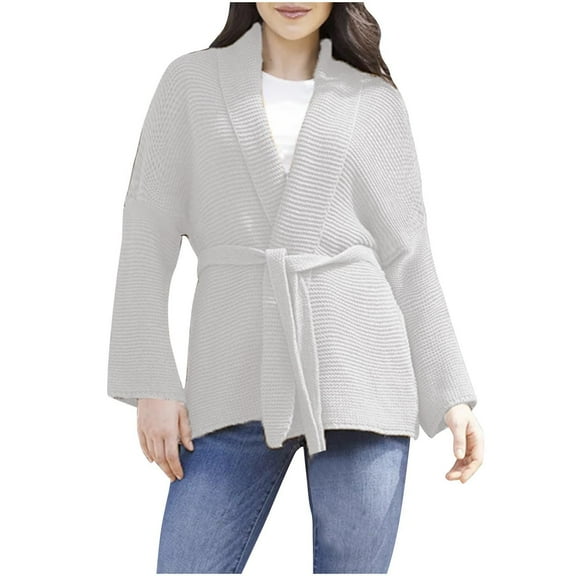 Women Open Front Rib Cardigan Coat Long Sleeve Shrugs Loose Casual Solid Belted Cable Knit Draped Sweater Outwear