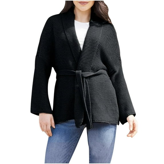 Women Open Front Rib Cardigan Coat Long Sleeve Shrugs Loose Casual Solid Belted Cable Knit Draped Sweater Outwear