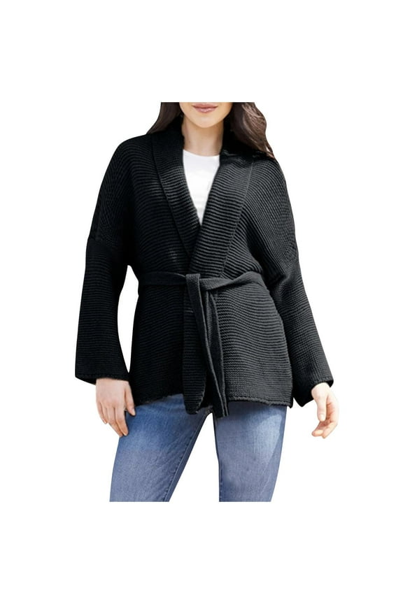 Women Open Front Rib Cardigan Coat Long Sleeve Shrugs Loose Casual Solid Belted Cable Knit Draped Sweater Outwear