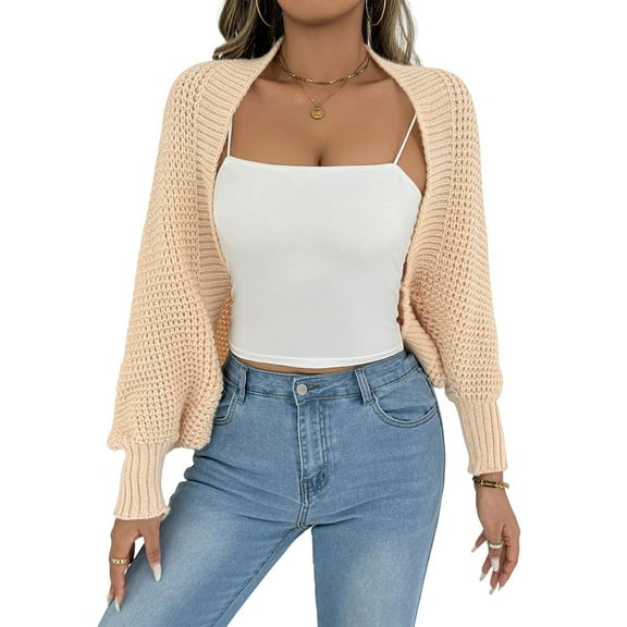 Women Open Front Ribbed Knit Crop Drop Shoulder Long Sleeve Solid Loose Fit Knitted Crop Cardigan Shrug  One size