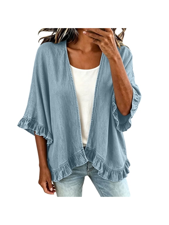 Women Open Front Ruffle Trim Lightweight Chambray Cardigan, 3/4 Flared Ruffle Sleeve Loose Casual Denim Layering Shrug Cover Up Jacket Blue-A XXL(XXL)