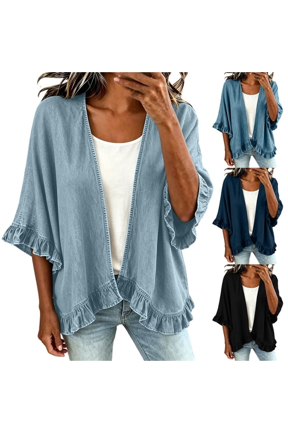Women Open Front Ruffle Trim Lightweight Chambray Cardigan, 3/4 Flared Ruffle Sleeve Loose Casual Denim Layering Shrug Cover Up Jacket Blue-A XL(XL)