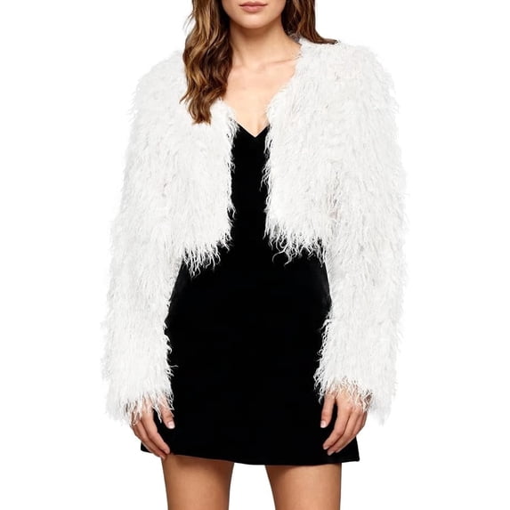Women Open Front Shaggy Faux Fur Cropped Jacket Long Sleeve Fluffy Feathery Furry Short Coat 100% Polyester Trendy Winter Party Outerwear