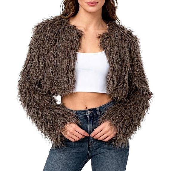 Women Open Front Shaggy Faux Fur Cropped Jacket Long Sleeve Fluffy Feathery Furry Short Coat 100% Polyester Trendy Winter Party Outerwear