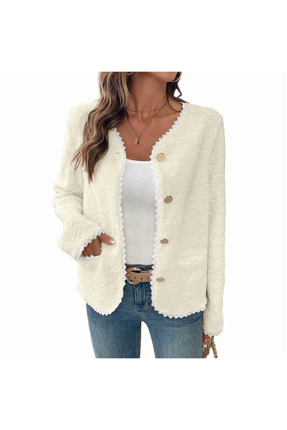 Women Open Front Sherpas Coat Lace TrimJacket Trendy Long Sleeve Clothes Coatigan Cream White XL