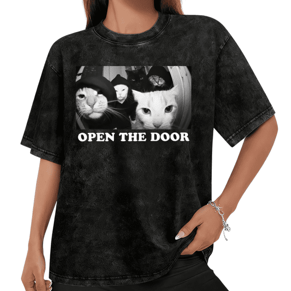 Women Open The Door Gangster Cats Black And White Photo Graphic Tees T Shirt Tops Round Neck Cotton Washed T Shirt Black S-2XL Plus Size